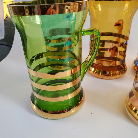 6 Colored Glass Mug Glasses with Gold Bands Made in Romania - Picture 2 of 7